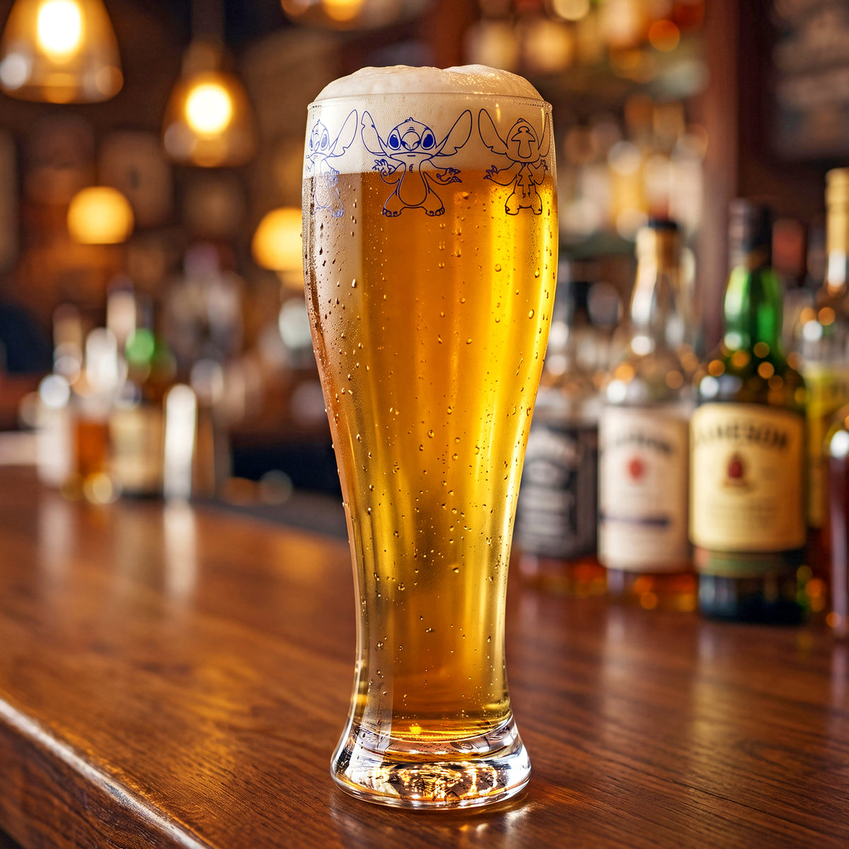 Disney Stitch 680ml Tall Beer Glass, 23oz Clear Pilsner Glass with Gold Foil Signature, Officially Licensed Glassware