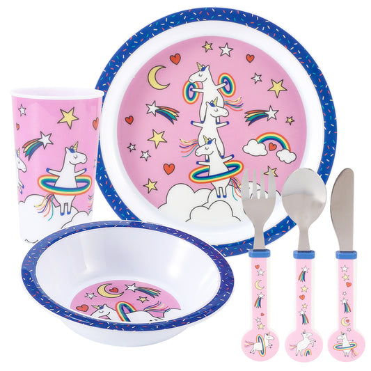 Unicorn Kids 6 Piece Reusable Dinner Set - Plate/Bowl/Cup/Knife/Fork/Spoon - Childrens Dinnerware Tableware Cutlery Set