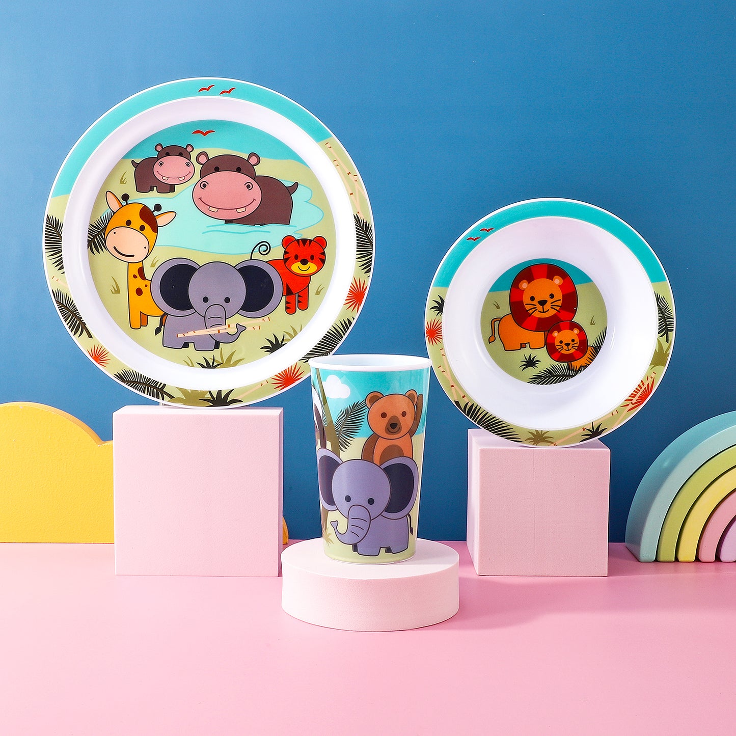 Animal Kids 6 Piece Reusable Dinner Set - Plate/Bowl/Cup/Knife/Fork/Spoon - Childrens Dinnerware Tableware Cutlery Set