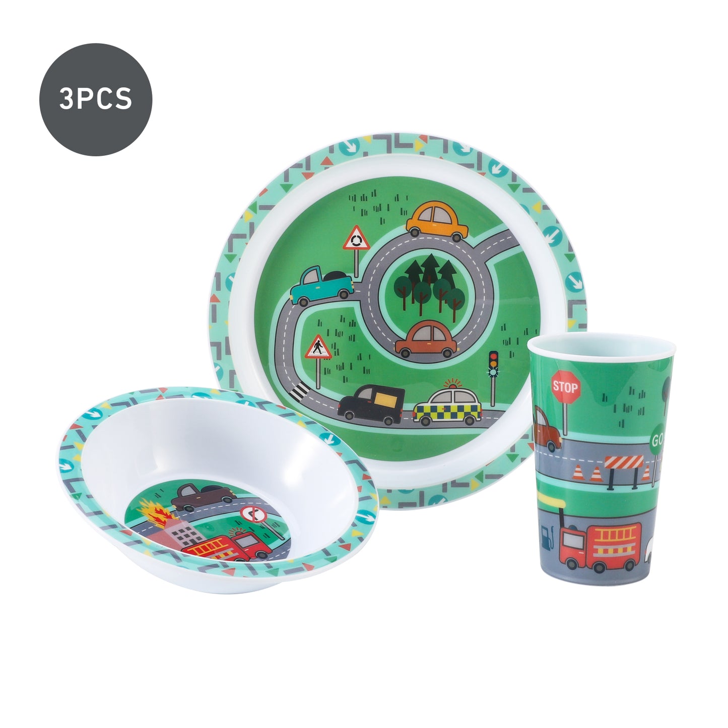 Vehicle Kids 6 Piece Reusable Dinner Set - Plate/Bowl/Cup/Knife/Fork/Spoon - Childrens Dinnerware Tableware Cutlery Set