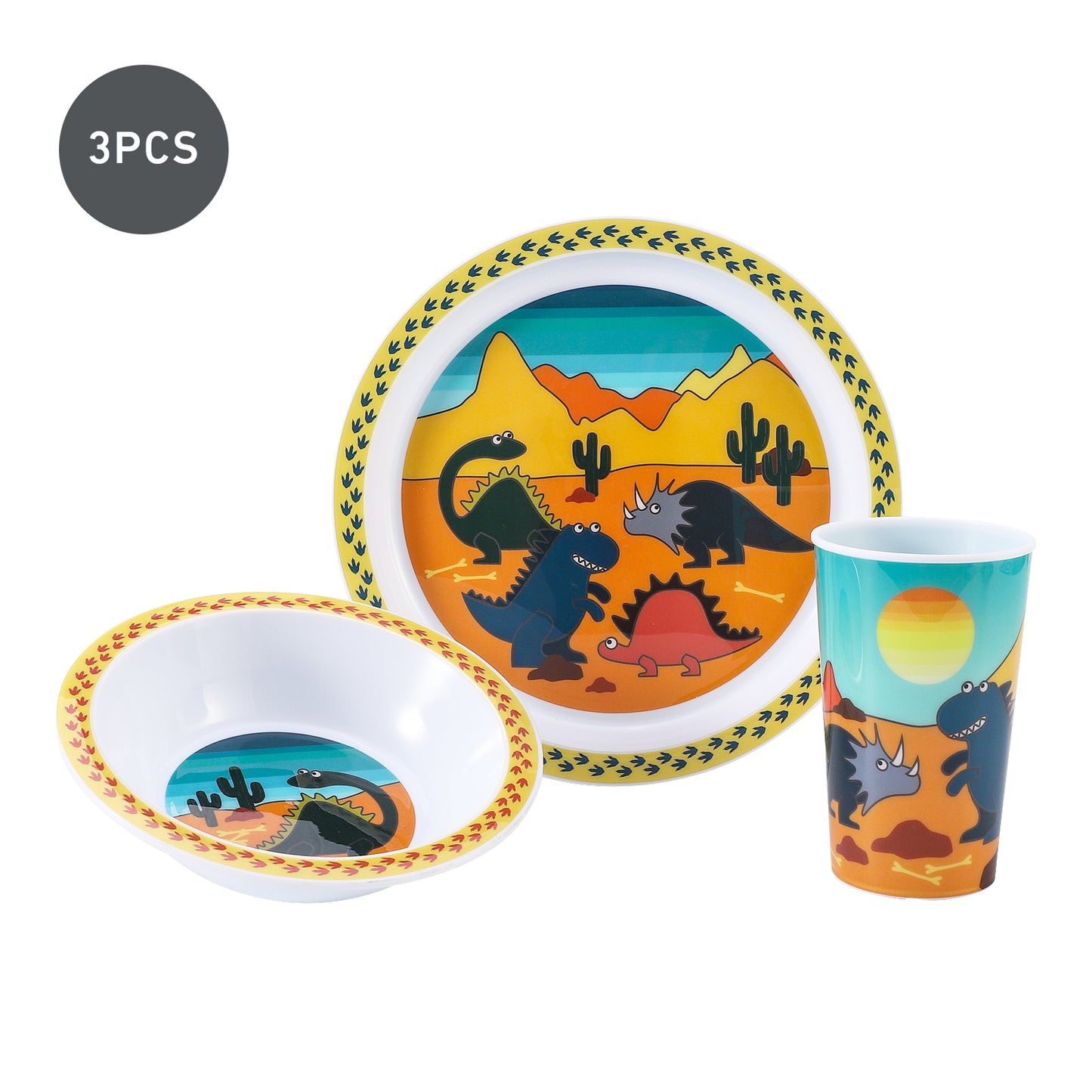 Dinosaur Kids 6 Piece Reusable Dinner Set - Plate/Bowl/Cup/Knife/Fork/Spoon - Childrens Dinnerware Tableware Cutlery Set