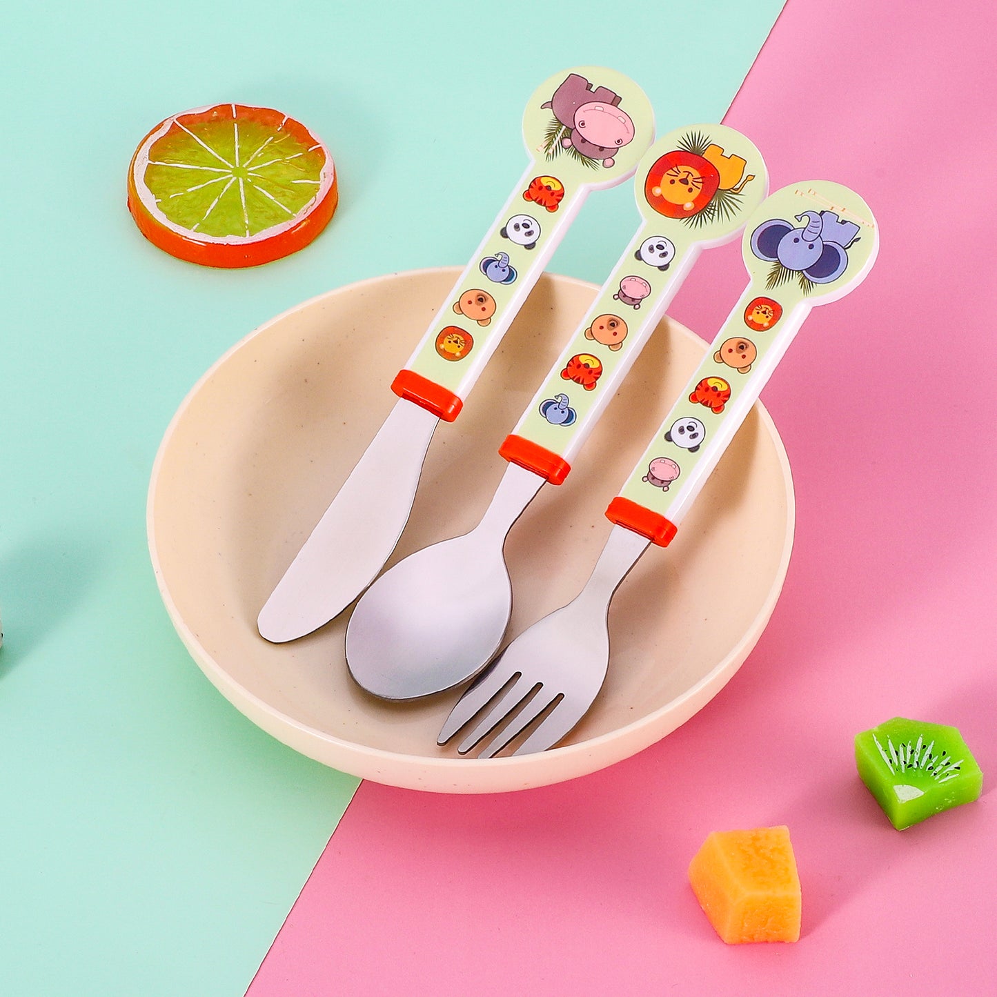 Animal Kids 6 Piece Reusable Dinner Set - Plate/Bowl/Cup/Knife/Fork/Spoon - Childrens Dinnerware Tableware Cutlery Set