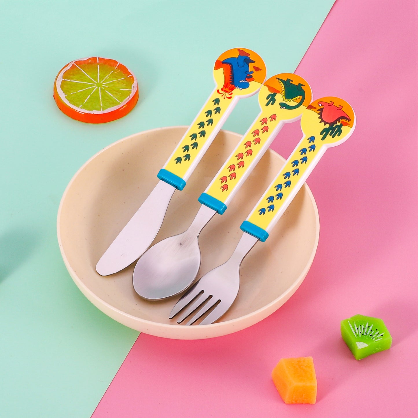 Dinosaur Kids 6 Piece Reusable Dinner Set - Plate/Bowl/Cup/Knife/Fork/Spoon - Childrens Dinnerware Tableware Cutlery Set