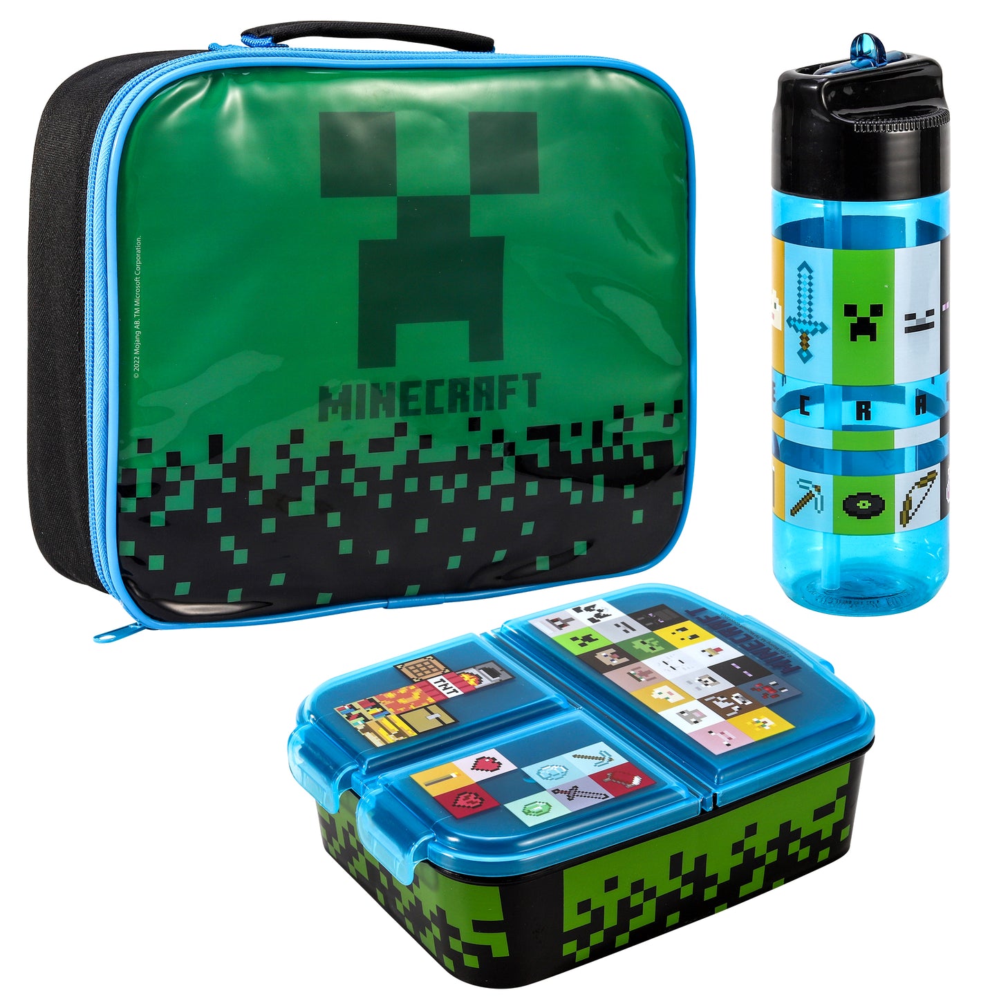 Minecraft Kids Childrens Lunch Box Set – Insulated Lunch Bag, Multicompartment Lunch Box & 540ml Water Bottle - School Travel Lunch Food Set, BPA Free