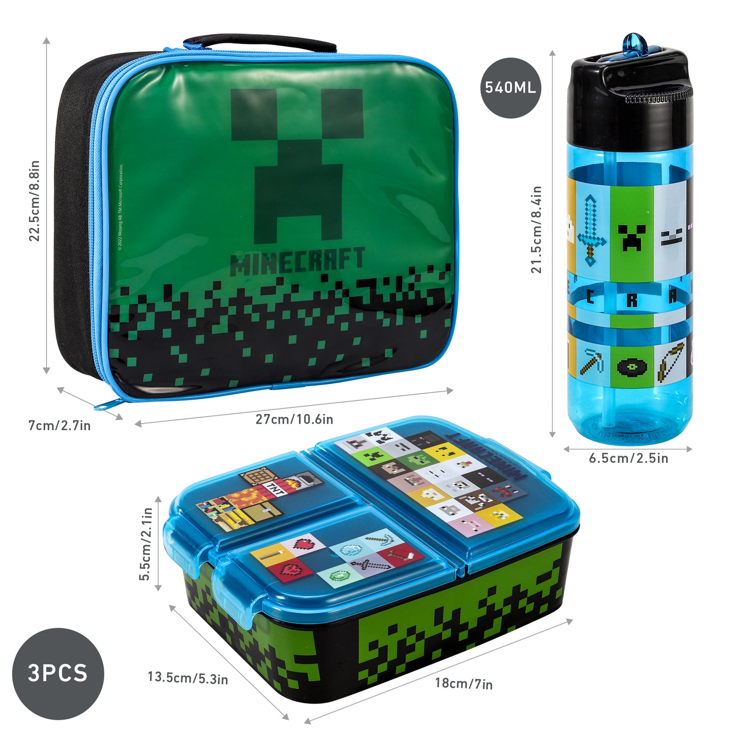 Minecraft Kids Childrens Lunch Box Set – Insulated Lunch Bag, Multicompartment Lunch Box & 540ml Water Bottle - School Travel Lunch Food Set, BPA Free