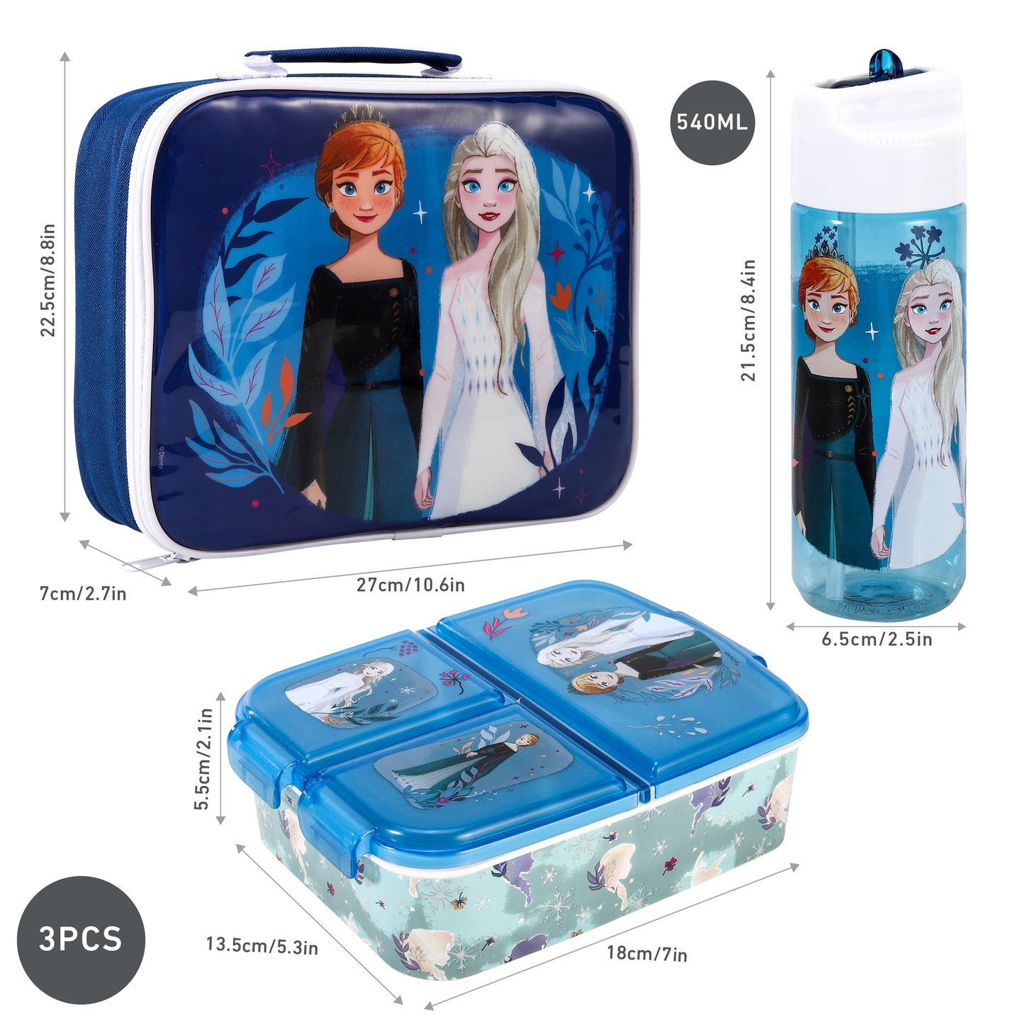 Frozen Kids Childrens Lunch Box Set – Insulated Lunch Bag, Multicompartment Lunch Box & 540ml Water Bottle - School Travel Lunch Food Set, BPA Free