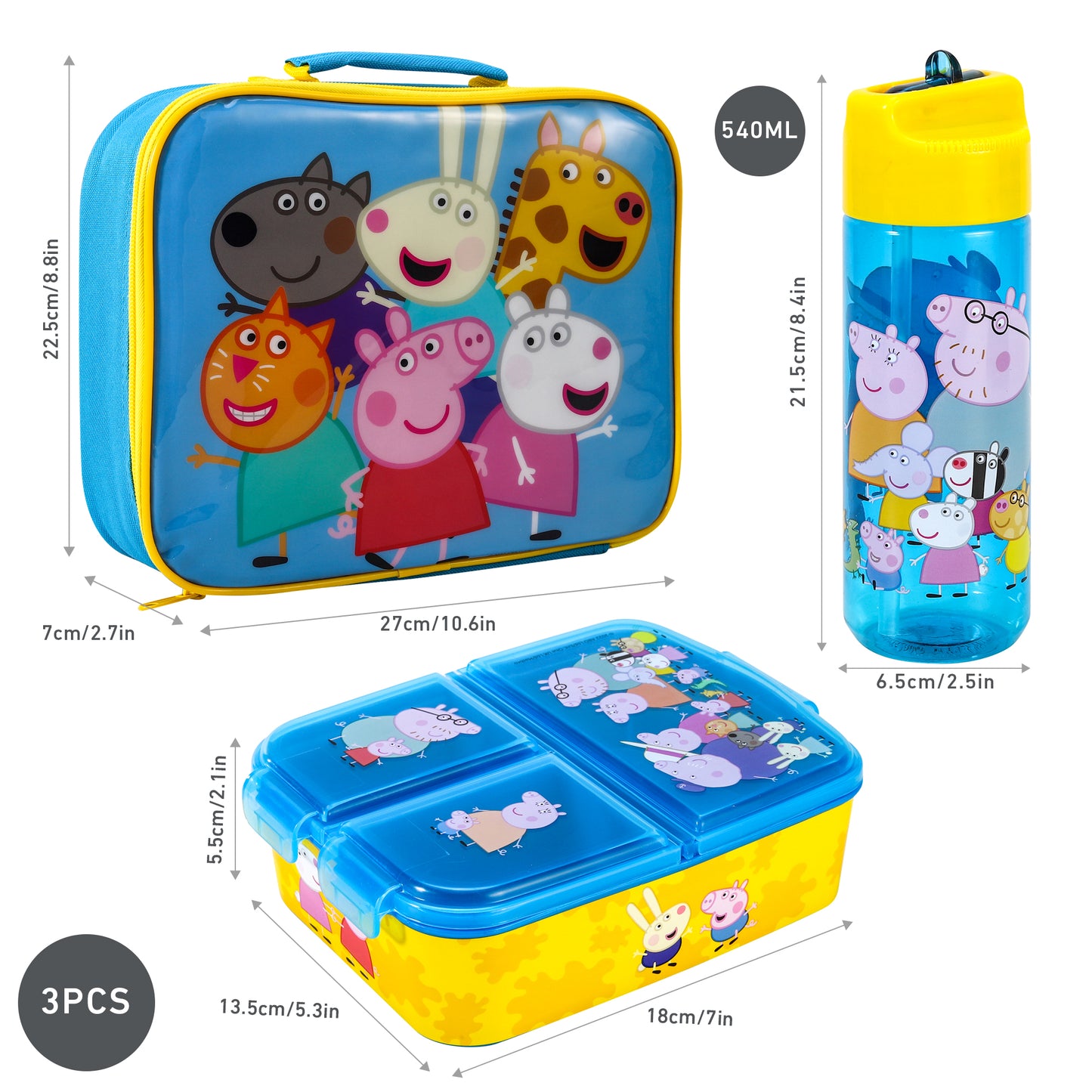 Peppa Pig Kids Childrens Lunch Box Set – Insulated Lunch Bag, Multicompartment Lunch Box & 540ml Water Bottle - School Travel Lunch Food Set, BPA Free