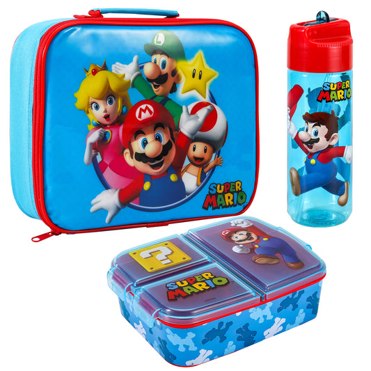 Super Mario Kids Childrens Lunch Box Set – Insulated Lunch Bag, Multicompartment Lunch Box & 540ml Water Bottle - School Travel Lunch Food Set, BPA Free