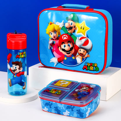 Super Mario Kids Childrens Lunch Box Set – Insulated Lunch Bag, Multicompartment Lunch Box & 540ml Water Bottle - School Travel Lunch Food Set, BPA Free