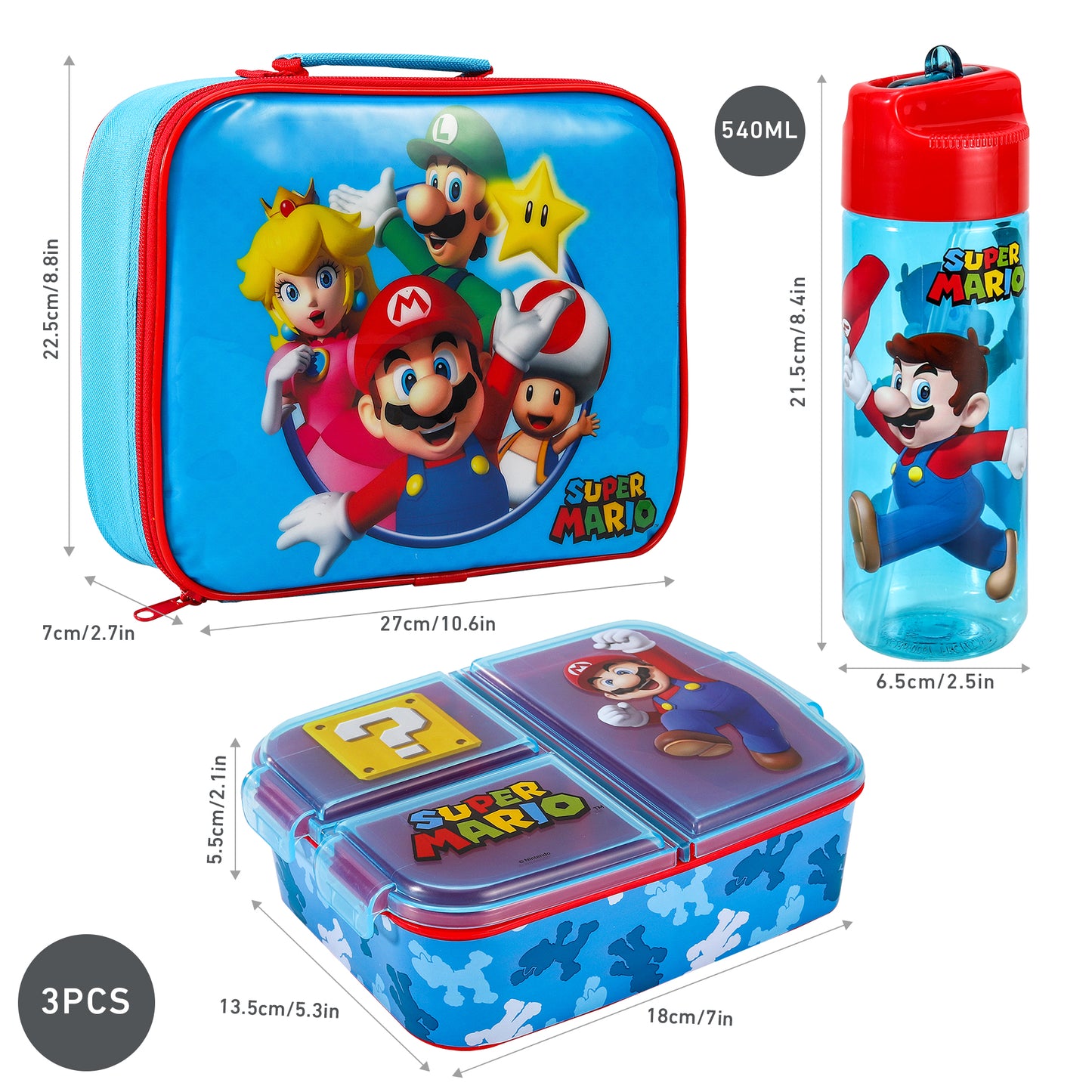 Super Mario Kids Childrens Lunch Box Set – Insulated Lunch Bag, Multicompartment Lunch Box & 540ml Water Bottle - School Travel Lunch Food Set, BPA Free