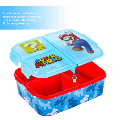 Super Mario Kids Childrens Lunch Box Set – Insulated Lunch Bag, Multicompartment Lunch Box & 540ml Water Bottle - School Travel Lunch Food Set, BPA Free