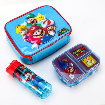 Super Mario Kids Childrens Lunch Box Set – Insulated Lunch Bag, Multicompartment Lunch Box & 540ml Water Bottle - School Travel Lunch Food Set, BPA Free