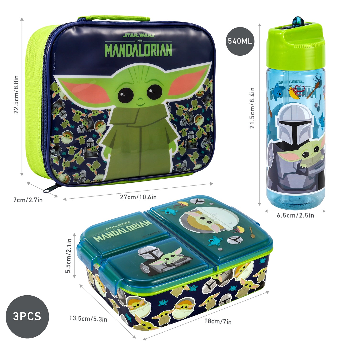 Star Wars Mandalorian Kids Childrens Lunch Box Set – Insulated Lunch Bag, Multicompartment Lunch Box & 540ml Water Bottle - School Travel Lunch Food Set, BPA Free