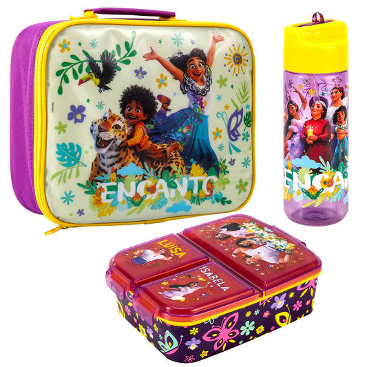 Encanto Kids Childrens Lunch Box Set – Insulated Lunch Bag, Multicompartment Lunch Box & 540ml Water Bottle - School Travel Lunch Food Set, BPA Free