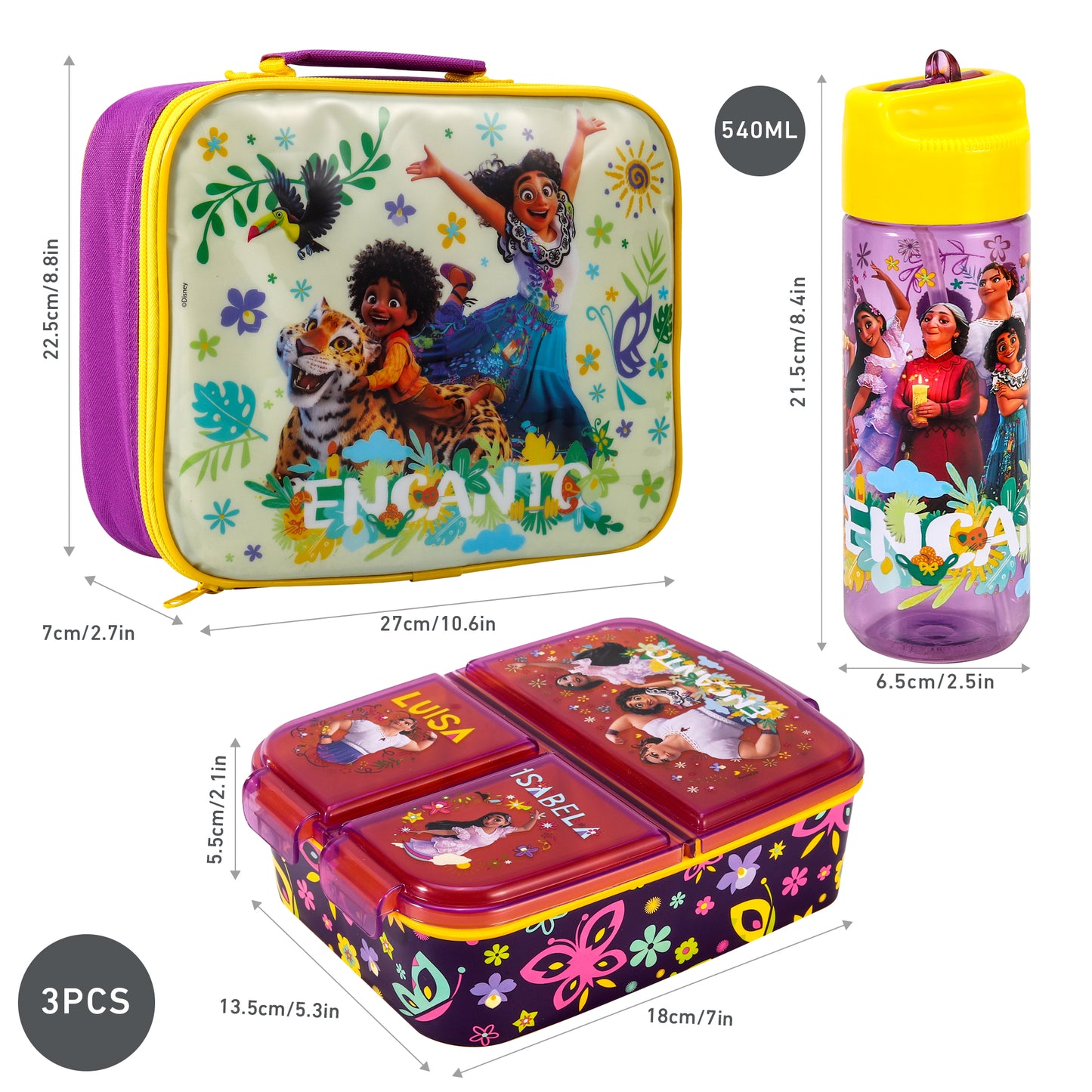 Encanto Kids Childrens Lunch Box Set – Insulated Lunch Bag, Multicompartment Lunch Box & 540ml Water Bottle - School Travel Lunch Food Set, BPA Free