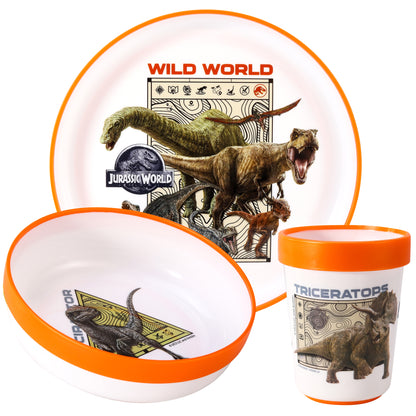 Jurassic World 3pcs Bicolor Premium Kids Dinner Tableware Set Plate, Bowl & Tumbler, BPA Free