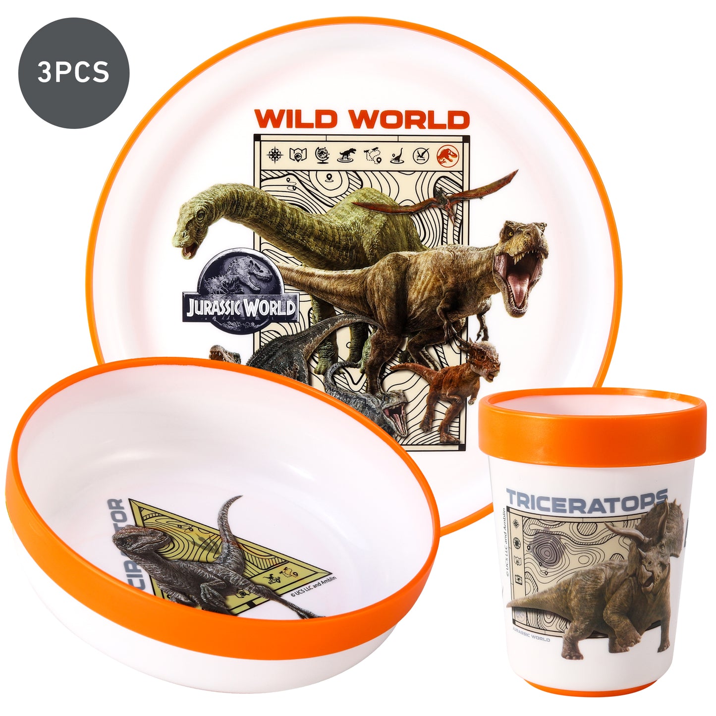 Jurassic World 3pcs Bicolor Premium Kids Dinner Tableware Set Plate, Bowl & Tumbler, BPA Free
