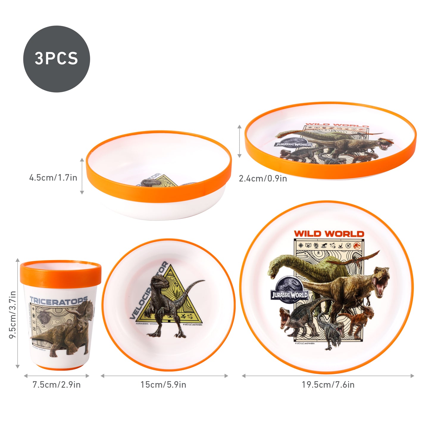 Jurassic World 3pcs Bicolor Premium Kids Dinner Tableware Set Plate, Bowl & Tumbler, BPA Free