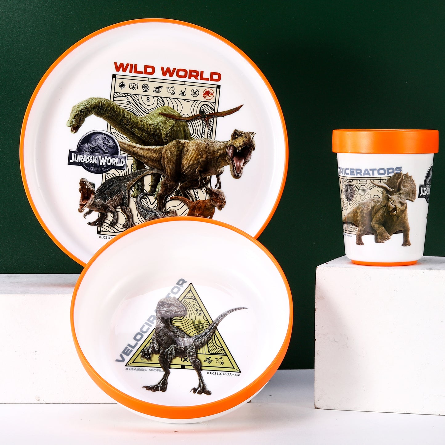 Jurassic World 3pcs Bicolor Premium Kids Dinner Tableware Set Plate, Bowl & Tumbler, BPA Free