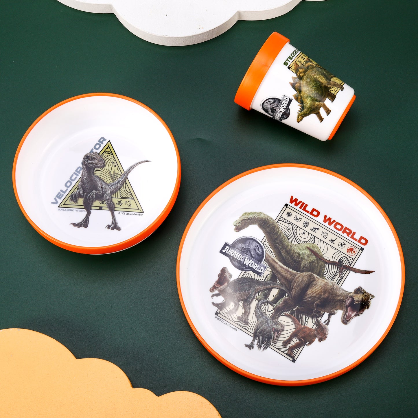 Jurassic World 3pcs Bicolor Premium Kids Dinner Tableware Set Plate, Bowl & Tumbler, BPA Free