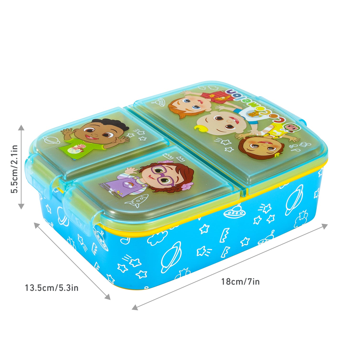 Cocomelon Kids Childrens Multi Compartment Rectangular School Travel Lunch Food Box Sandwich Bento Container, BPA Free