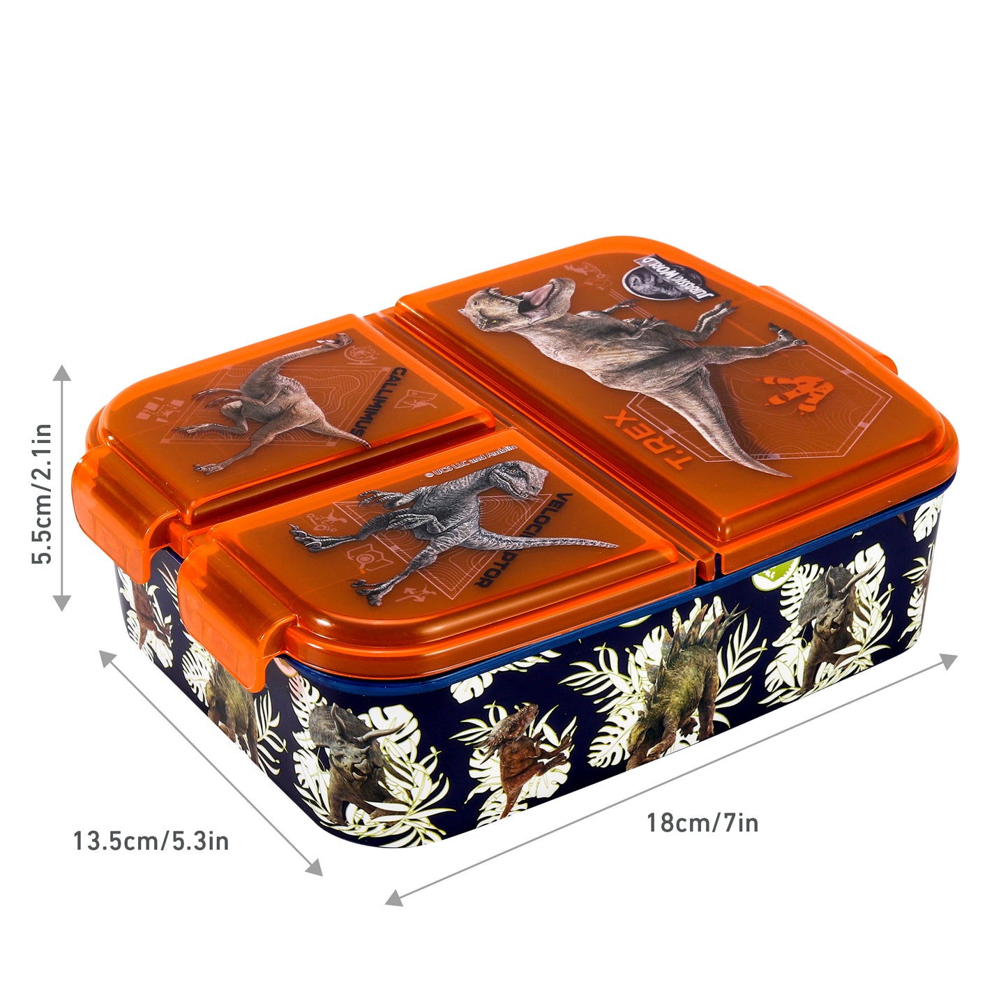 Jurassic World Kids Childrens Multi Compartment Rectangular School Travel Lunch Food Box Sandwich Bento Container, BPA Free