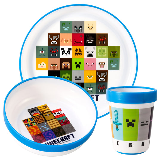 Minecraft 3pcs Bicolor Premium Kids Dinner Tableware Set Plate, Bowl & Tumbler, BPA Free