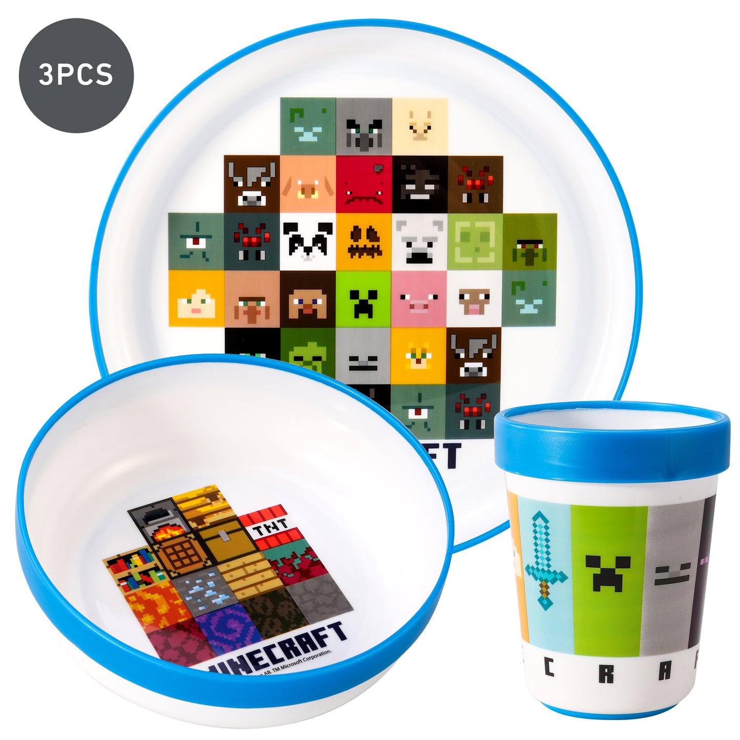 Minecraft 3pcs Bicolor Premium Kids Dinner Tableware Set Plate, Bowl & Tumbler, BPA Free