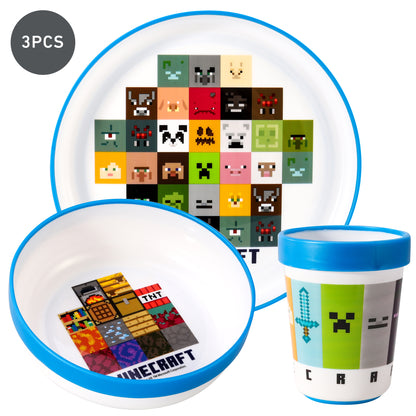 Minecraft 3pcs Bicolor Premium Kids Dinner Tableware Set Plate, Bowl & Tumbler, BPA Free