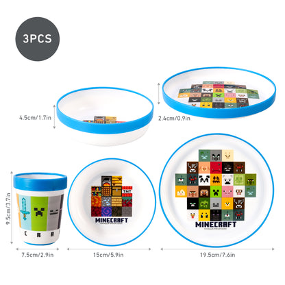 Minecraft 3pcs Bicolor Premium Kids Dinner Tableware Set Plate, Bowl & Tumbler, BPA Free