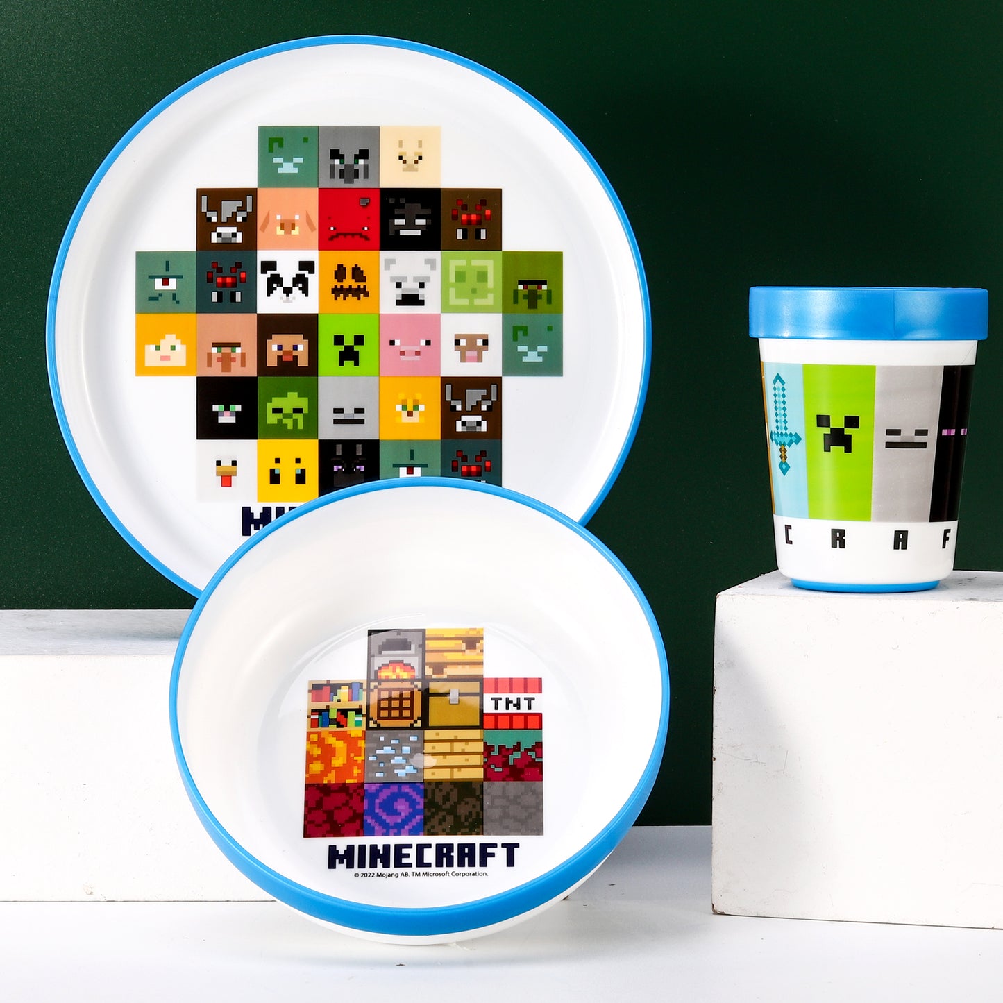 Minecraft 3pcs Bicolor Premium Kids Dinner Tableware Set Plate, Bowl & Tumbler, BPA Free