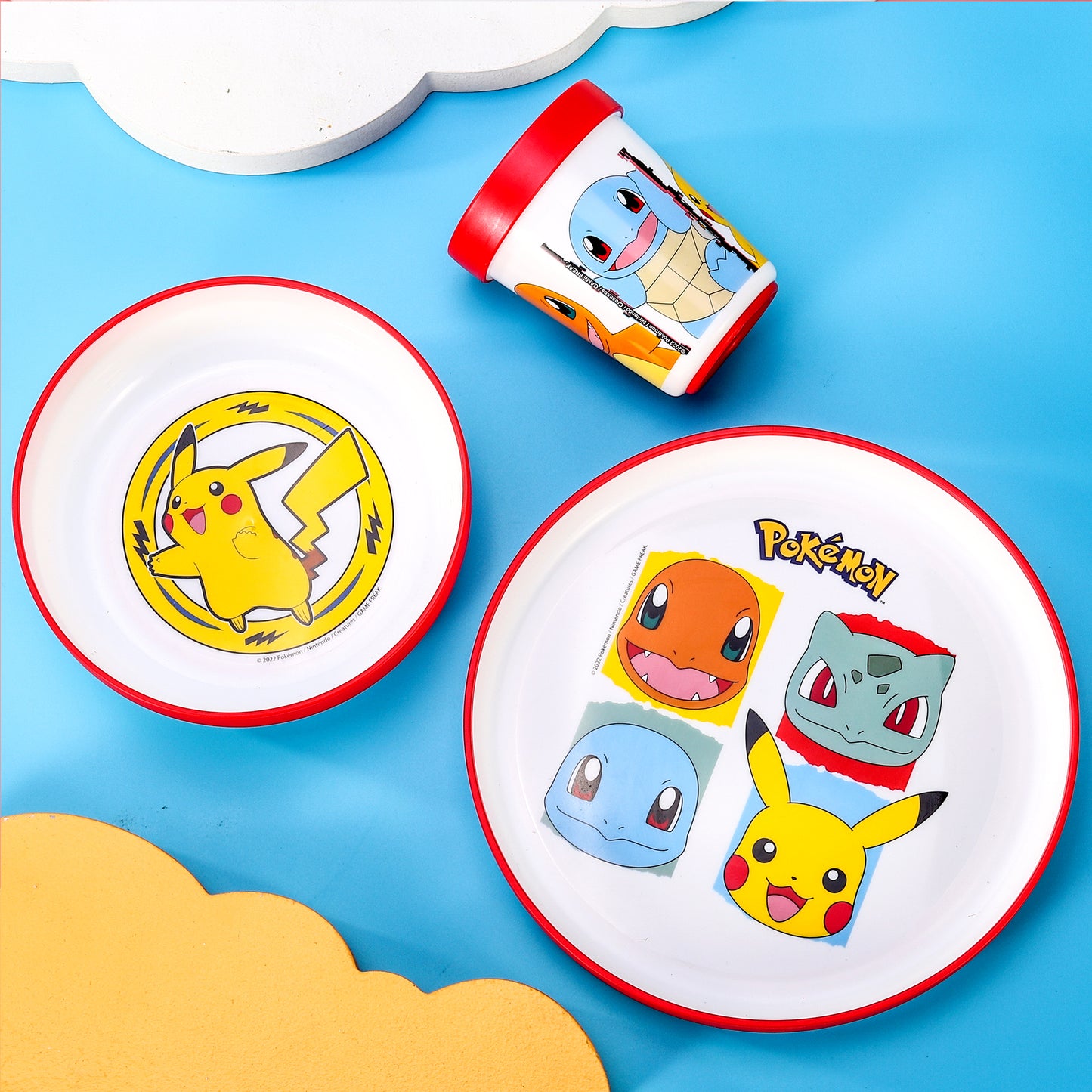 Pokemon 3pcs Bicolor Premium Kids Dinner Tableware Set Plate, Bowl & Tumbler, BPA Free