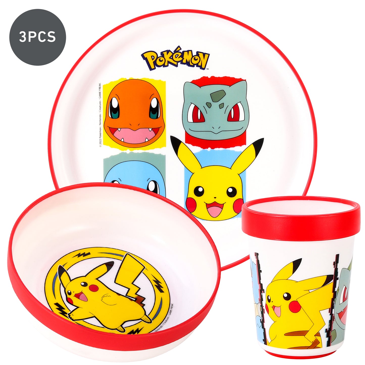 Pokemon 3pcs Bicolor Premium Kids Dinner Tableware Set Plate, Bowl & Tumbler, BPA Free
