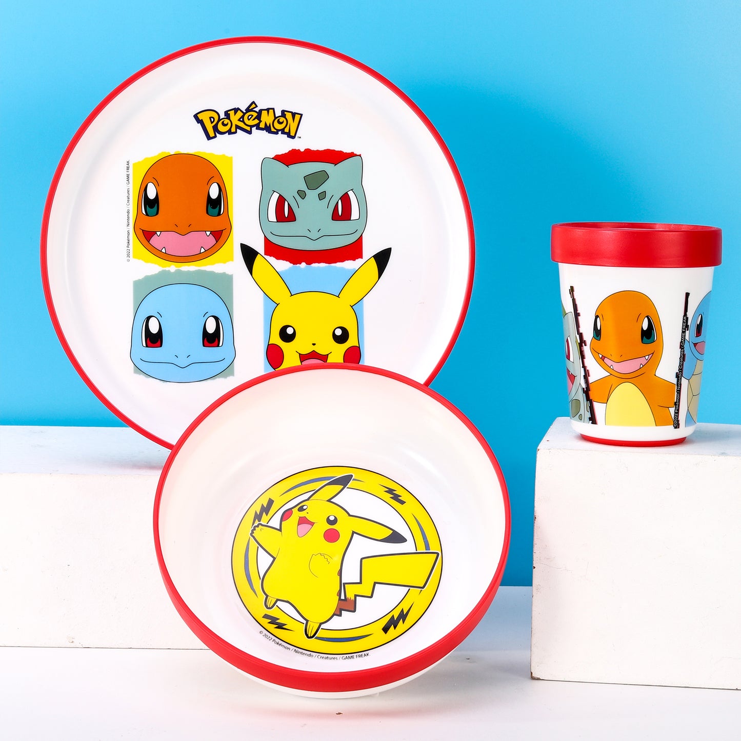 Pokemon 3pcs Bicolor Premium Kids Dinner Tableware Set Plate, Bowl & Tumbler, BPA Free