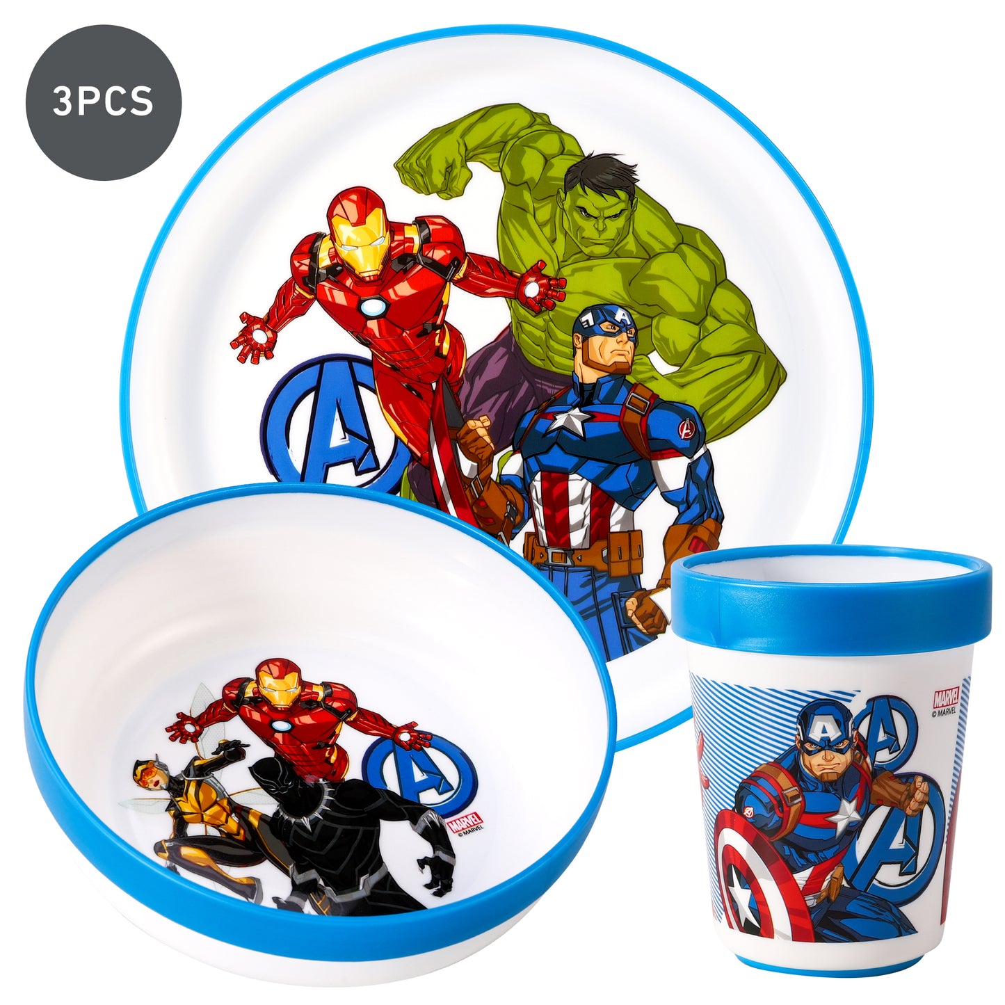 Avengers 3pcs Bicolor Premium Kids Dinner Tableware Set Plate, Bowl & Tumbler, BPA Free