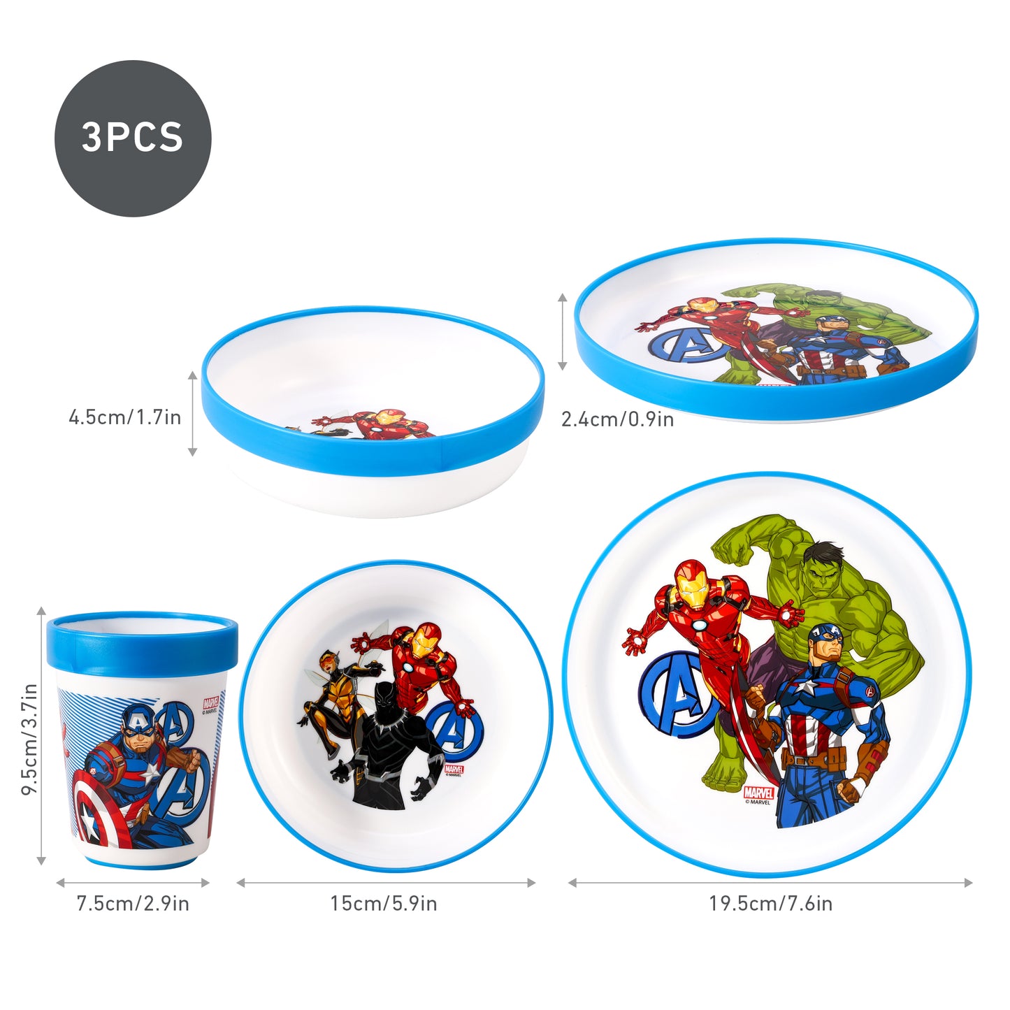 Avengers 3pcs Bicolor Premium Kids Dinner Tableware Set Plate, Bowl & Tumbler, BPA Free