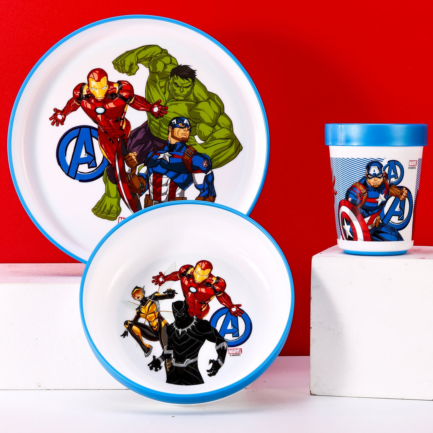 Avengers 3pcs Bicolor Premium Kids Dinner Tableware Set Plate, Bowl & Tumbler, BPA Free