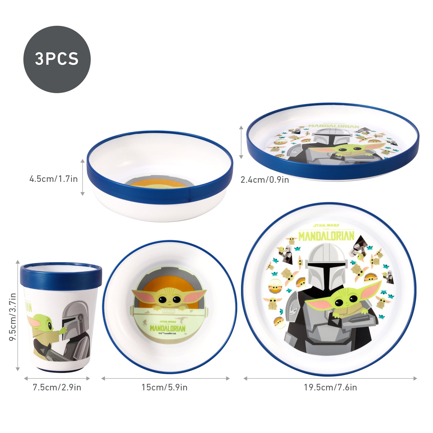 Star Wars Mandalorian 3pcs Bicolor Premium Kids Dinner Tableware Set Plate, Bowl & Tumbler, BPA Free
