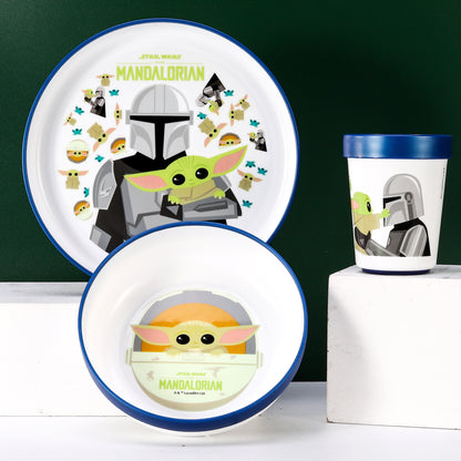 Star Wars Mandalorian 3pcs Bicolor Premium Kids Dinner Tableware Set Plate, Bowl & Tumbler, BPA Free