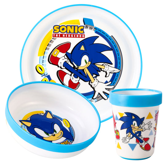 Sonic the Hedgehog 3pcs Bicolor Premium Kids Dinner Tableware Set Plate, Bowl & Tumbler, BPA Free
