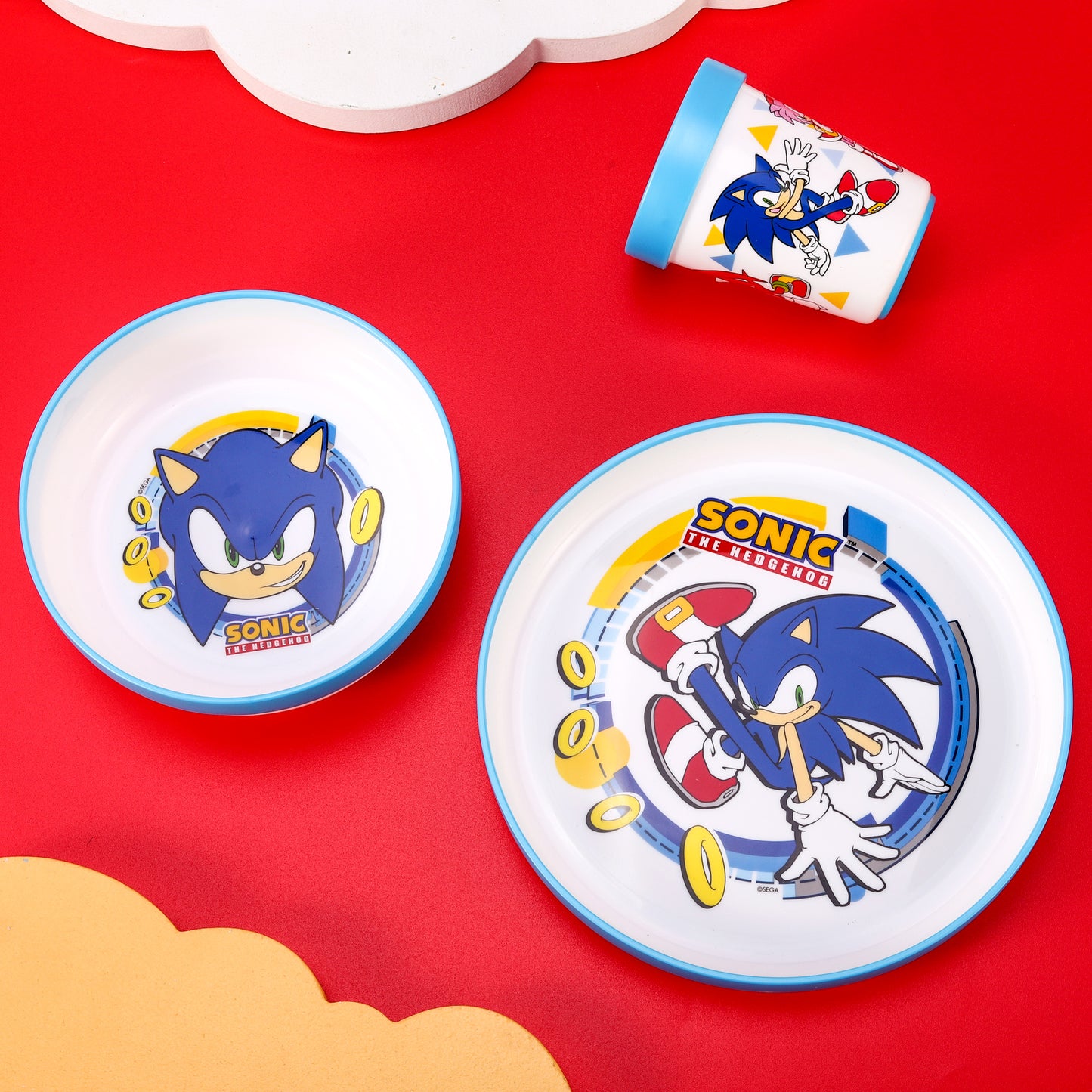 Sonic the Hedgehog 3pcs Bicolor Premium Kids Dinner Tableware Set Plate, Bowl & Tumbler, BPA Free