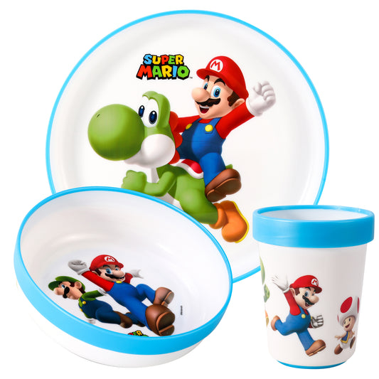 Super Mario 3pcs Bicolor Premium Kids Dinner Tableware Set Plate, Bowl & Tumbler, BPA Free