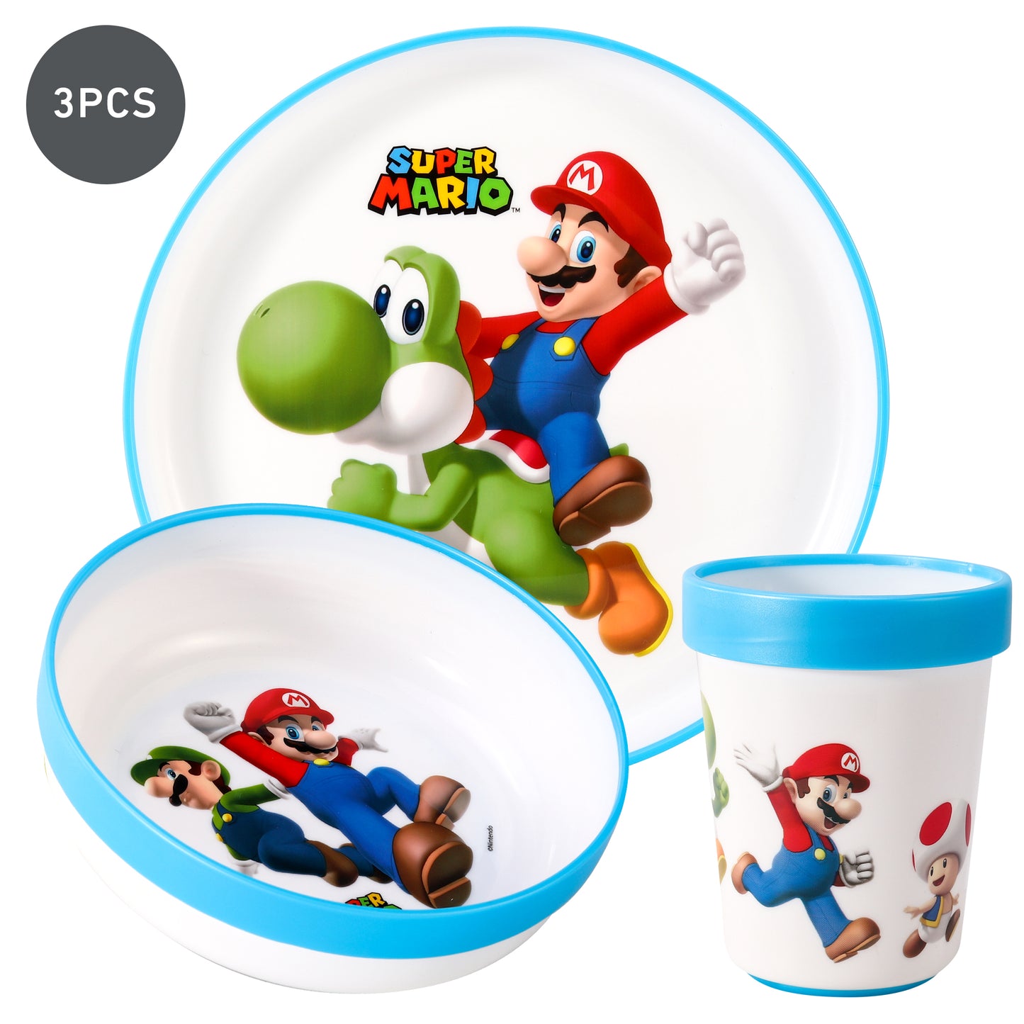 Super Mario 3pcs Bicolor Premium Kids Dinner Tableware Set Plate, Bowl & Tumbler, BPA Free