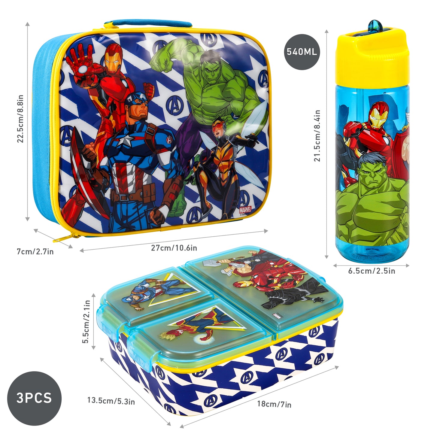 Avengers Kids Childrens Lunch Box Set – Insulated Lunch Bag, Multicompartment Lunch Box & 540ml Water Bottle - School Travel Lunch Food Set, BPA Free