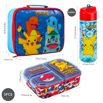 PoKéMoN Kids Childrens Lunch Box Set – Insulated Lunch Bag, Multicompartment Lunch Box & 540ml Water Bottle - School Travel Lunch Food Set, BPA Free