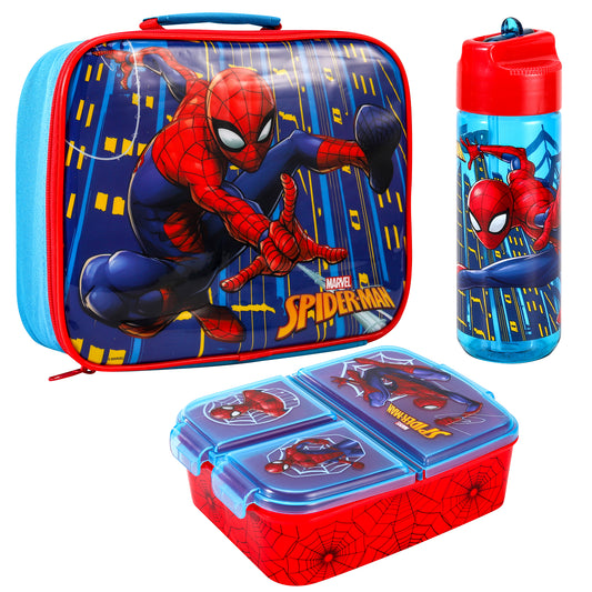 Spiderman Kids Childrens Lunch Box Set – Insulated Lunch Bag, Multicompartment Lunch Box & 540ml Water Bottle - School Travel Lunch Food Set, BPA Free