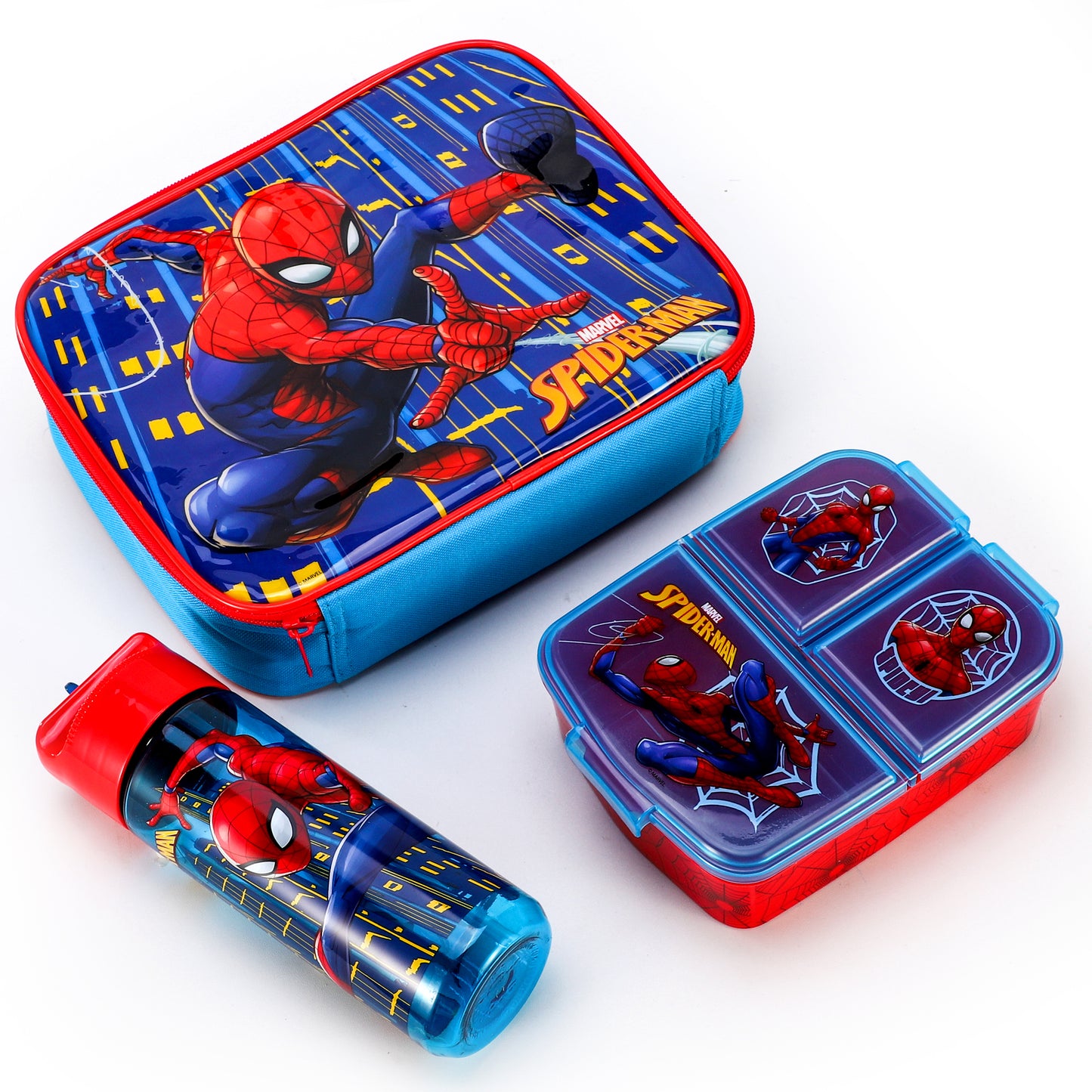 Spiderman Kids Childrens Lunch Box Set – Insulated Lunch Bag, Multicompartment Lunch Box & 540ml Water Bottle - School Travel Lunch Food Set, BPA Free