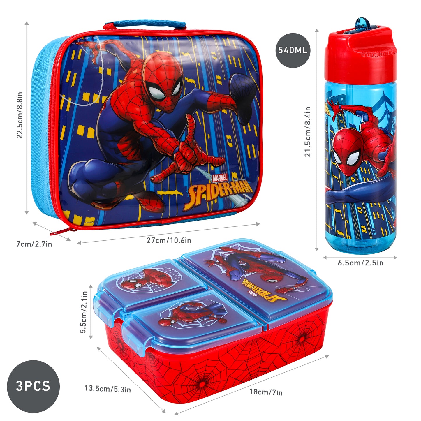 Spiderman Kids Childrens Lunch Box Set – Insulated Lunch Bag, Multicompartment Lunch Box & 540ml Water Bottle - School Travel Lunch Food Set, BPA Free