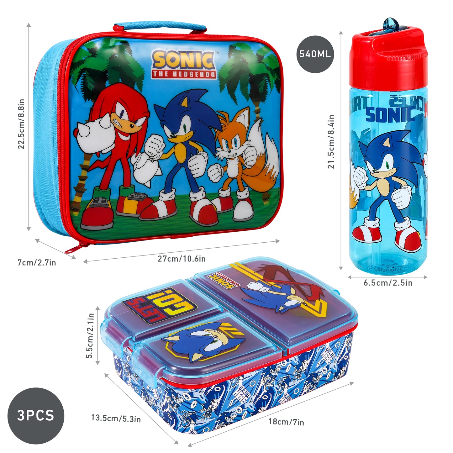 Sonic the Hedgehog Kids Childrens Lunch Box Set – Insulated Lunch Bag, Multicompartment Lunch Box & 540ml Water Bottle - School Travel Lunch Food Set, BPA Free