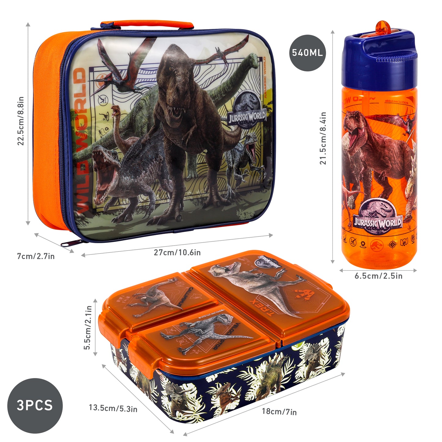 Jurassic World Kids Childrens Lunch Box Set – Insulated Lunch Bag, Multicompartment Lunch Box & 540ml Water Bottle - School Travel Lunch Food Set, BPA Free